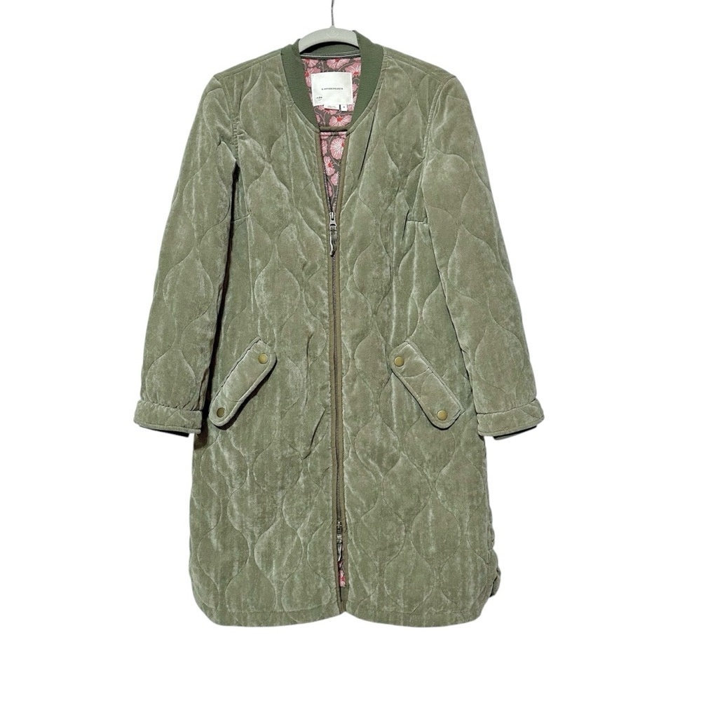 XS Anthropologie EUC Quilted Corduroy Jacket/Coat Moss Green Pockets Zipper Long